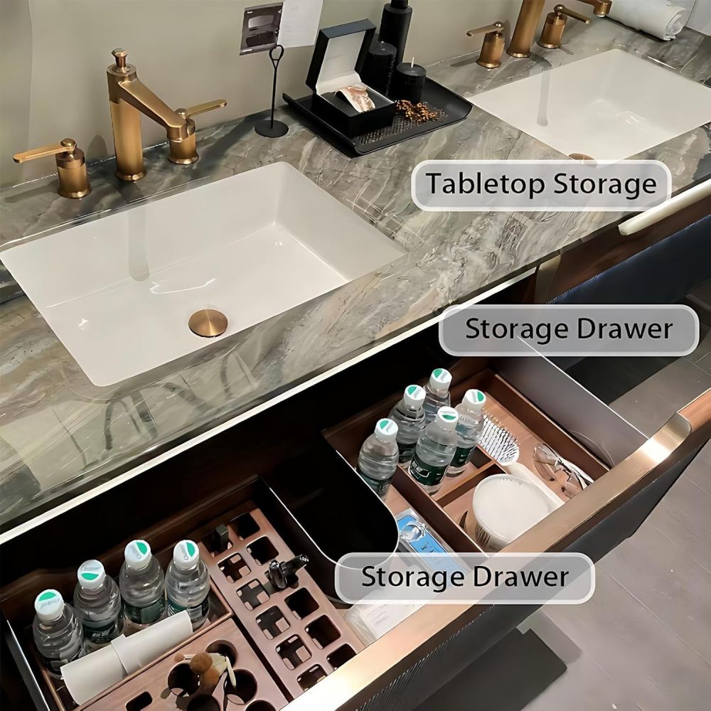 56IN Bathroom Vanity with Sink - Double Floating Sink with Smart Defog Mirror, Solid Wood Bathroom Vanity Cabinet, Large Storage Space, Custom Sizes - Complete Accessories, Brown