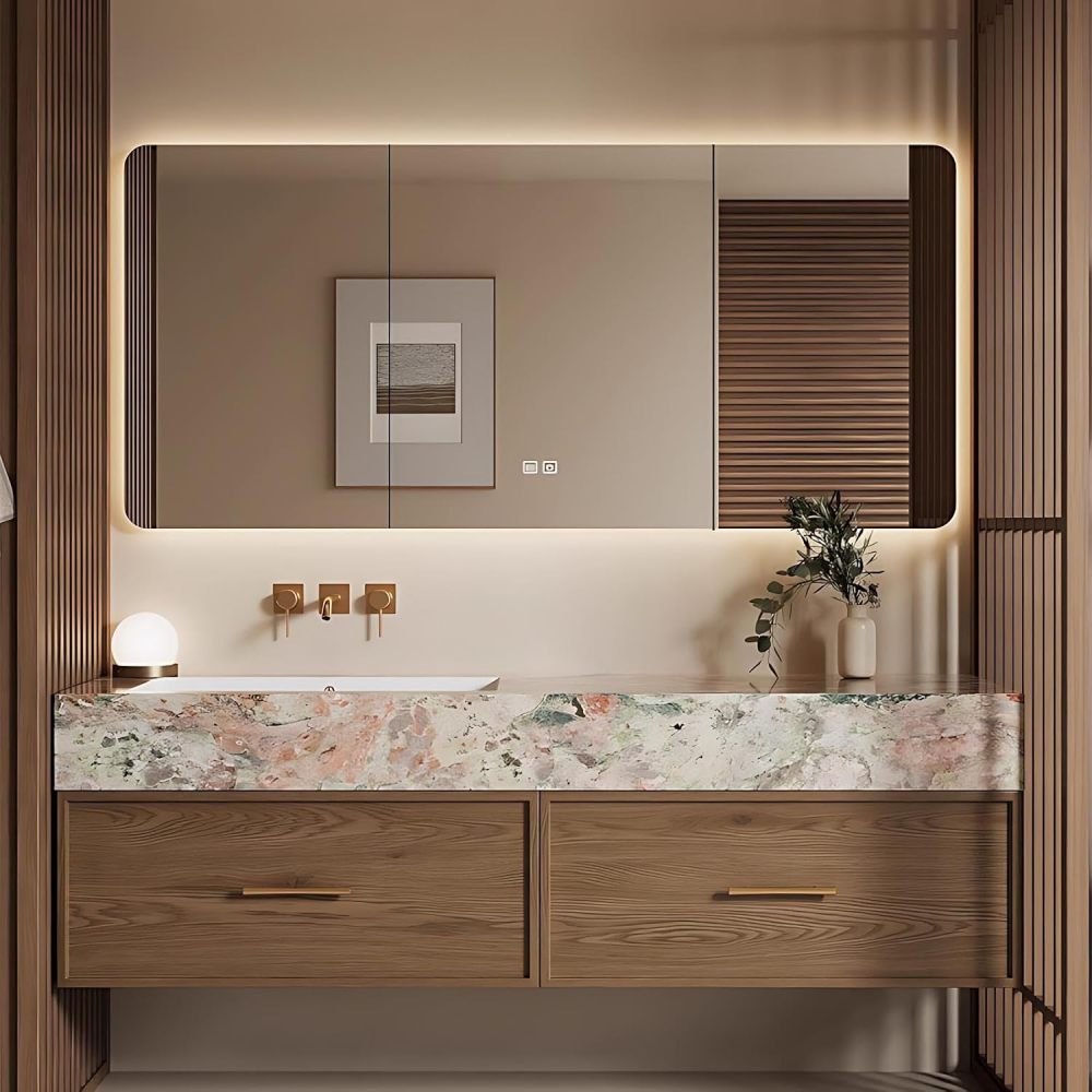 58IN Bathroom Vanity with Sink - Solid Wood Bathroom Vanity with Multiple Storage Area, Includes Smart Defog Mirror, One-Touch Defog & Lighting, No Assembly Required, Wood