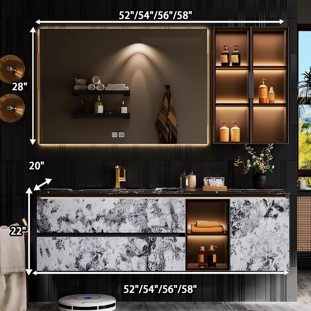 52IN Bathroom Vanity - Luxury Bathroom Vanity with Sink & Multiple Storage Area, Modern Sink Cabinet with Smart Defog Mirror and Smart Motion Sensor Light, No Assembly Required, Brown