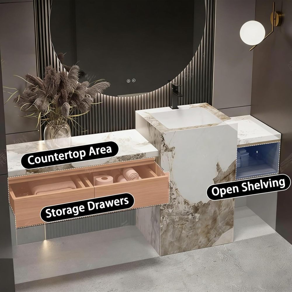 74IN Bathroom Vanity - Modern Bathroom Vanity with Smart Defog Mirror & 2 Drawers, One-Touch Defog, Floating Sink Cabinet with Seamless Sink, No Assembly Required, Black