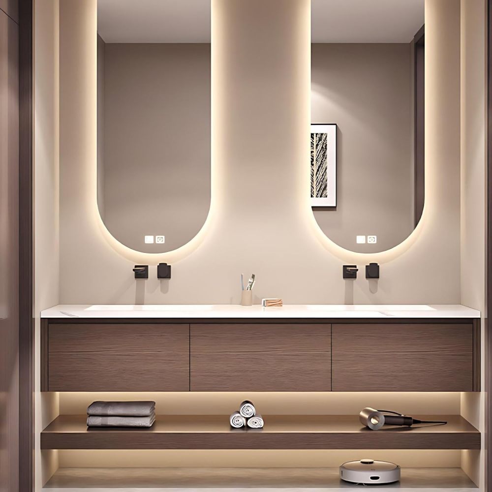 94IN Double Sink Bathroom Vanity - Solid Wood Bathroom Vanity with Smart Defog Mirror, One-Touch Defog & Lighting, Floating Sink Cabinet with Multiple Storage Areas, No Assembly Required