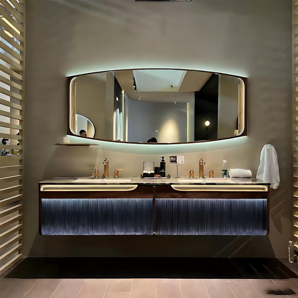 56IN Bathroom Vanity with Sink - Double Floating Sink with Smart Defog Mirror, Solid Wood Bathroom Vanity Cabinet, Large Storage Space, Custom Sizes - Complete Accessories, Brown