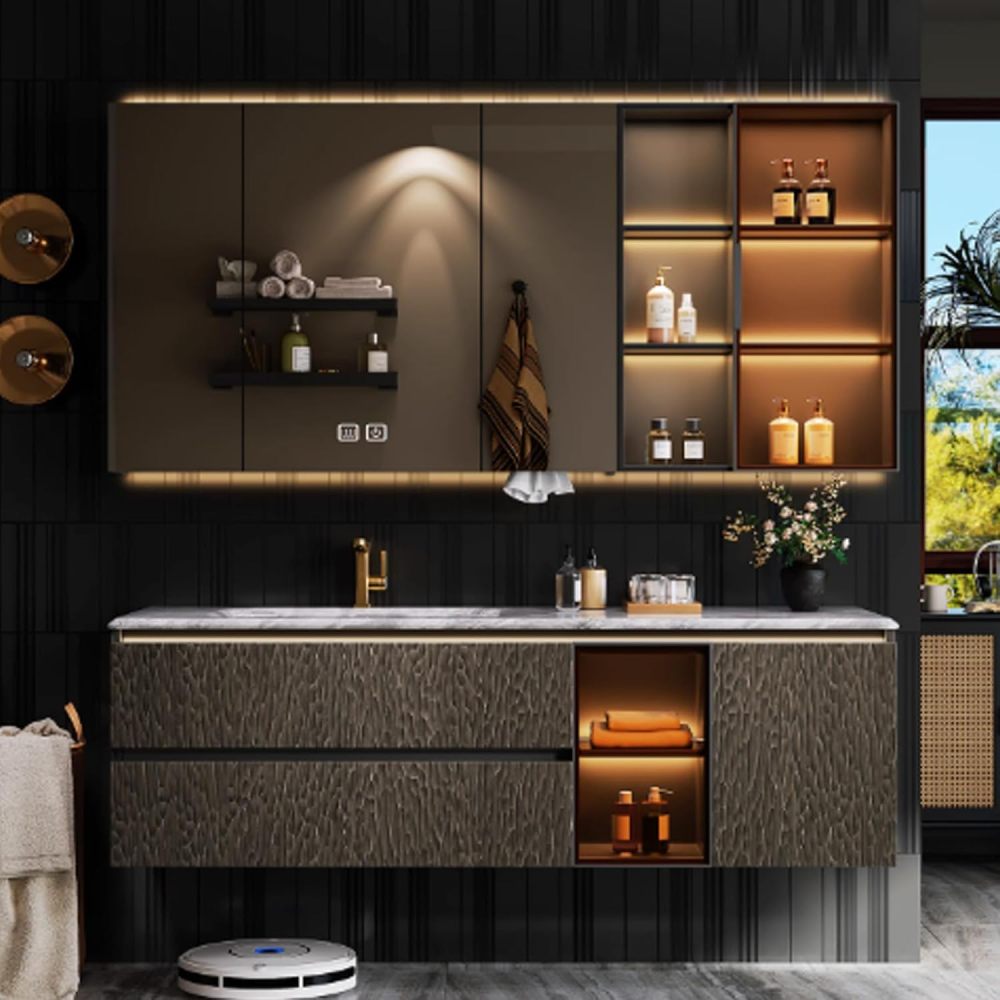 52IN Bathroom Vanity - Luxury Bathroom Vanity with Sink & Multiple Storage Area, Modern Sink Cabinet with Smart Defog Mirror and Smart Motion Sensor Light, No Assembly Required, Brown