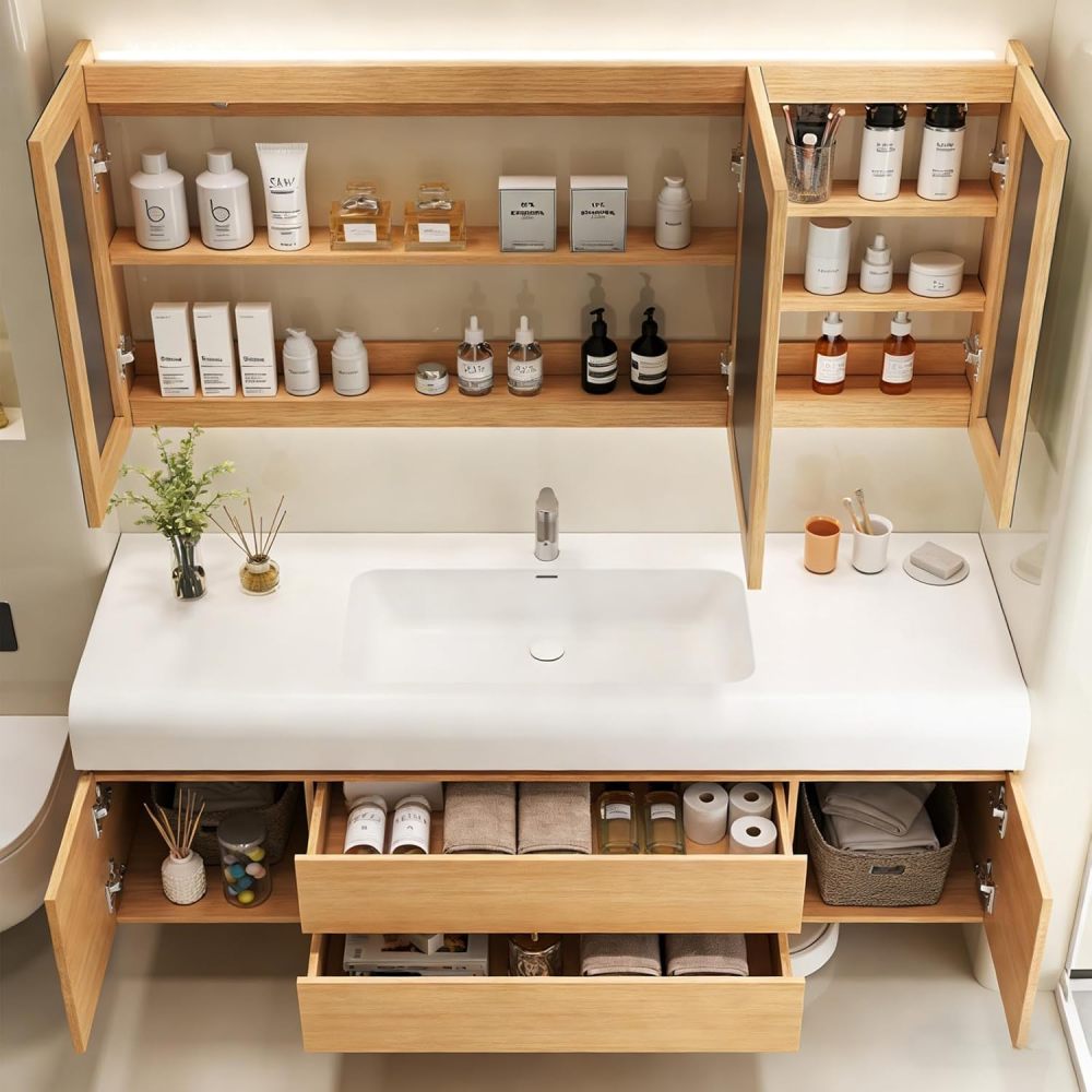 100IN Bathroom Vanity - Modern Bathroom Vanity with Smart Defog Mirror Cabinet, One-Touch Defog, Solid Wood Sink Cabinet with Drawers & Doors, No Assembly Required, White