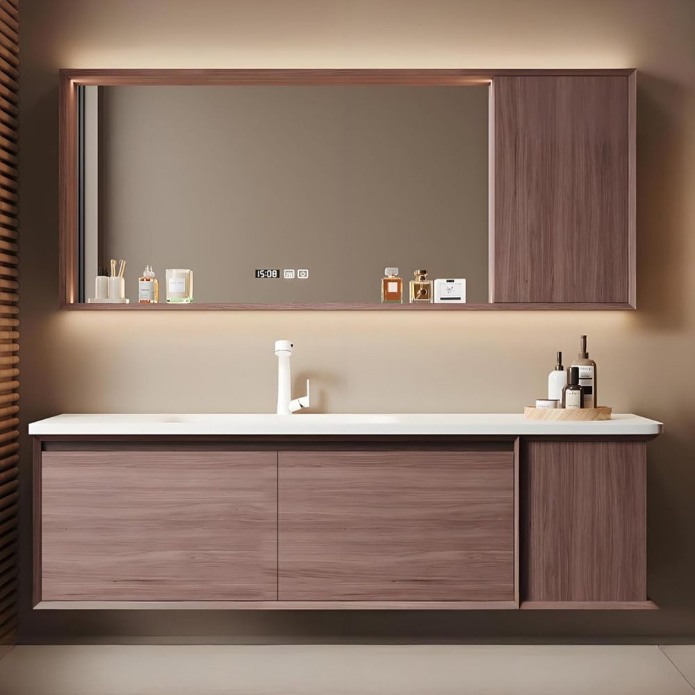 92IN Solid Wood Bathroom Vanity with Sink - Retro Bathroom Vanity Cabinet with Smart Defog Mirror, Floating Wall-Mount Design, Waterproof, Ample Storage for Bathroom, Brown