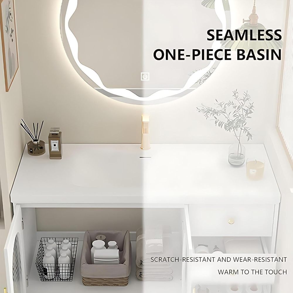94IN Luxury Bathroom Vanity with Sink - Bathroom Vanity Cabinet with Drawers, Single Floating Sink Design, Intelligent Defogging, Multi-Layer Solid Wood - Easy to Install, White