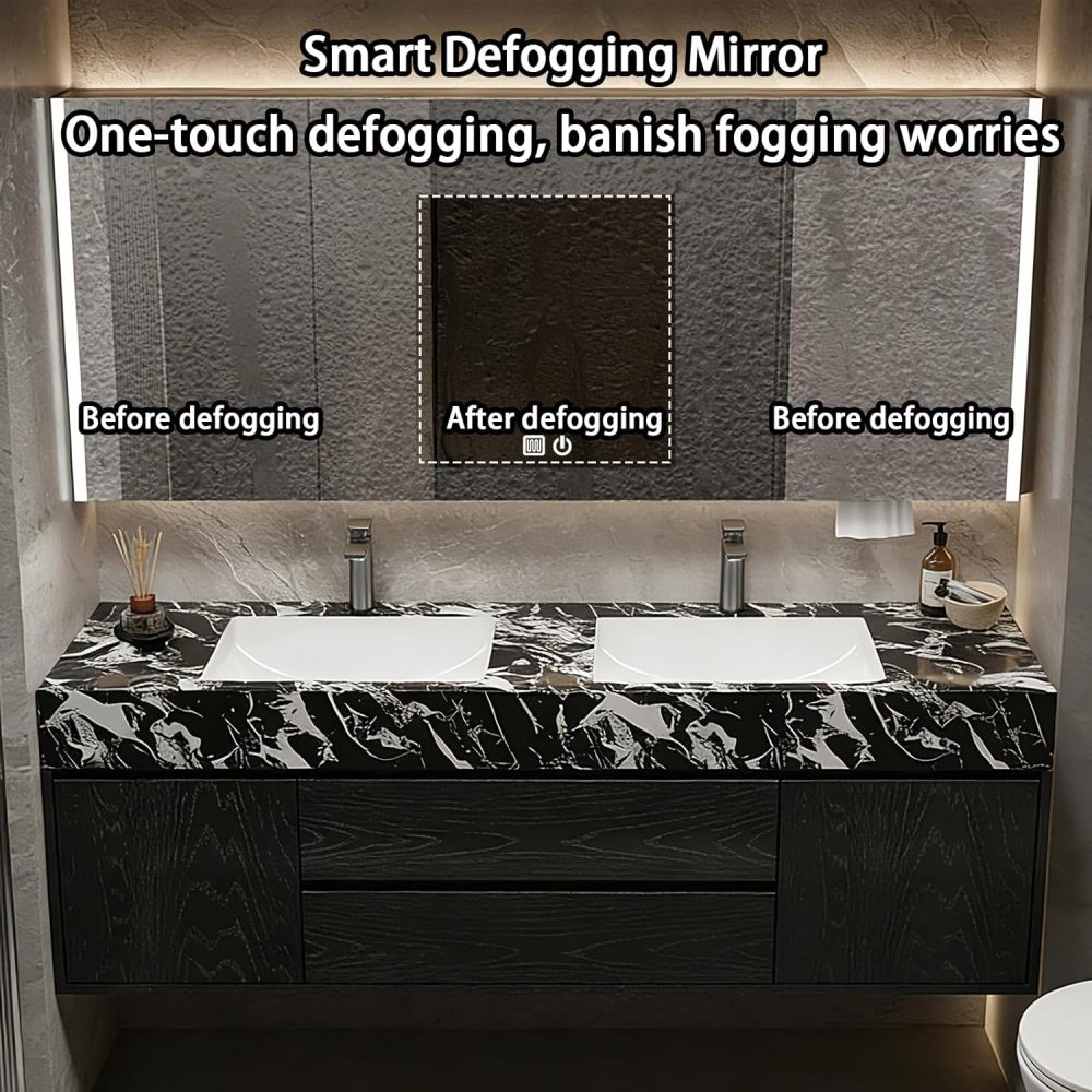 82IN Bathroom Vanity - Solid Wood Bathroom Vanity with Sink & Smart Defog Mirror, Floating Sink Cabinet with 2 Drawers and 2 Doors, No Assembly Required, Gray