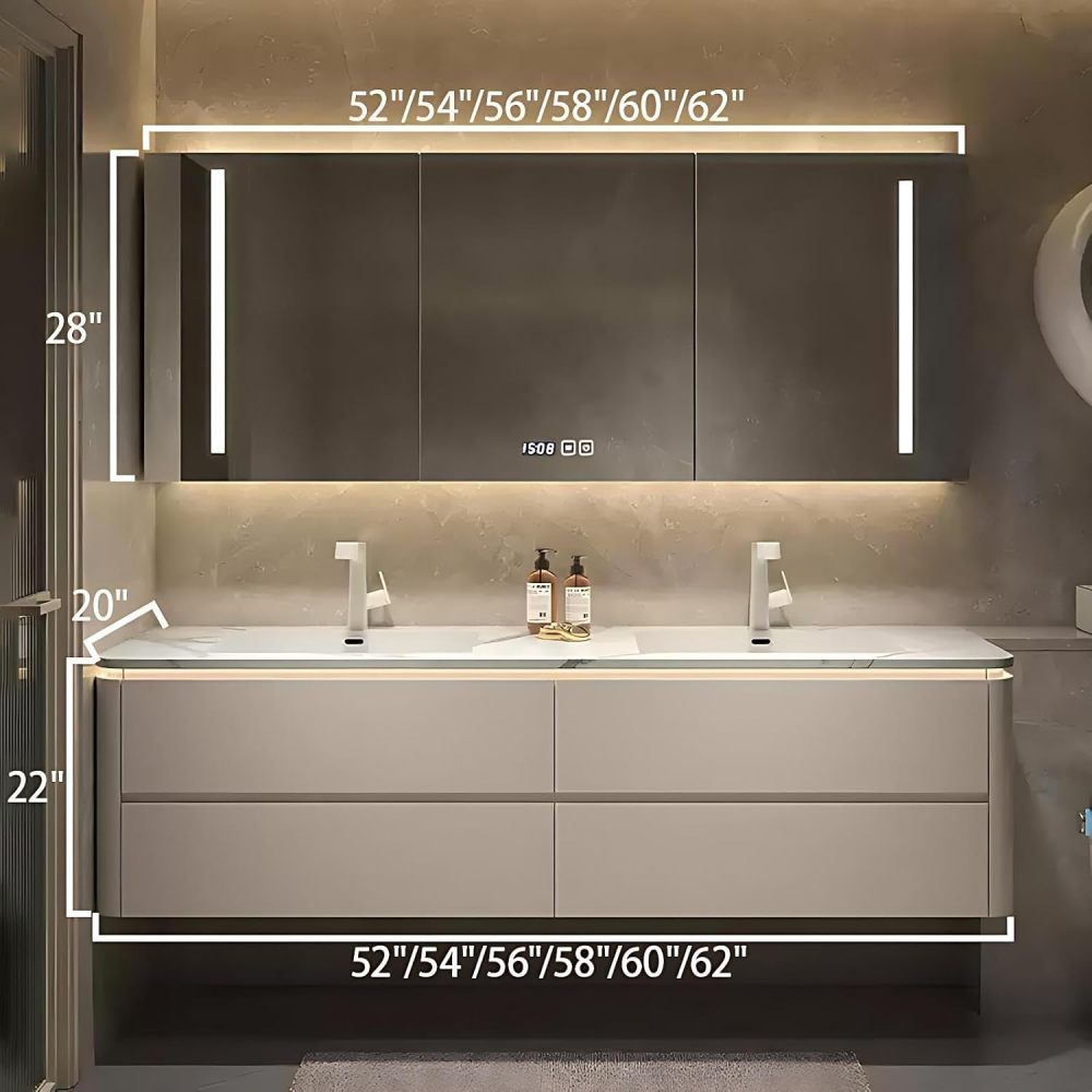 62IN Bathroom Vanity with Sink - Single|Double Floating Sink, Solid Wood Bathroom Vanity Cabinet with Smart Anti-Fog Mirror, Waterproof, Customizable - Complete Accessories,Double Slot