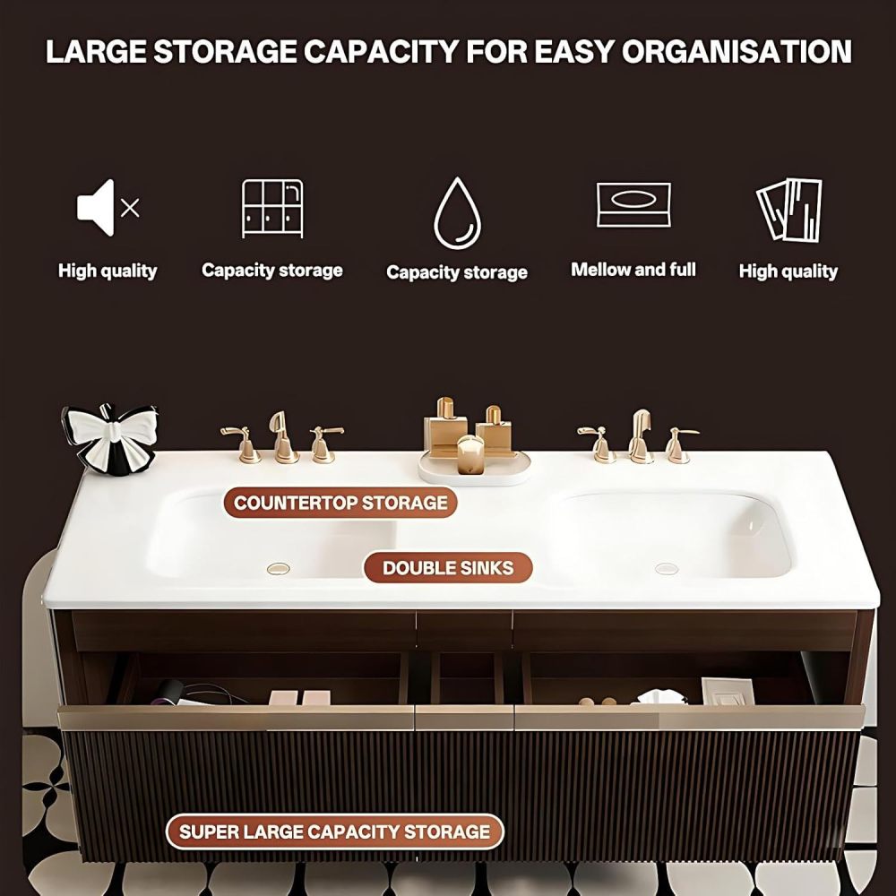 64IN Double Bathroom Vanity with Sink - Modern Waterproof Bathroom Sink Cabinet with Drawers, Floating Vanity, Intelligent Defogging, Customizable Sizes - Easy to Install, Black