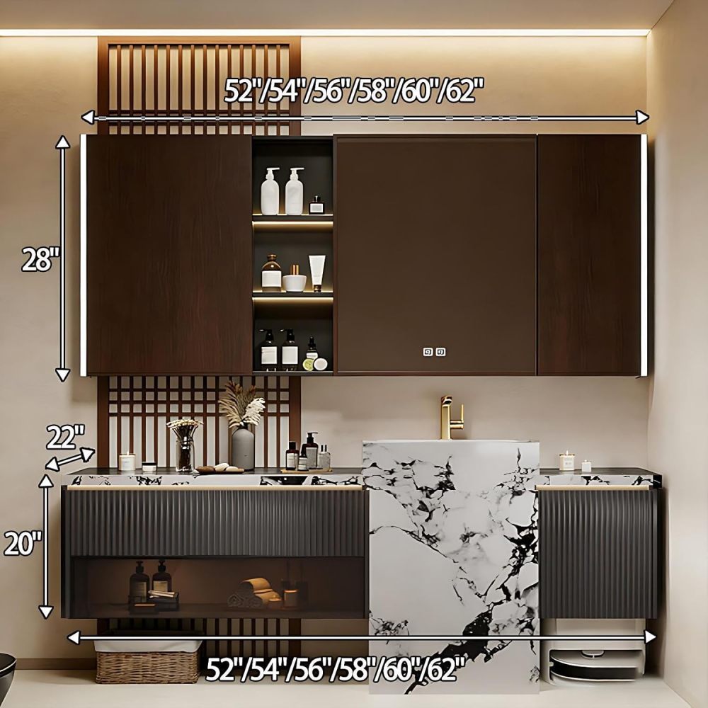 60IN Bathroom Vanity - Solid Wood Bathroom Vanity with Sink and Smart Defog Mirror, Floating Sink with Sink & Drawers and Cabinet Doors, Complete Accessories, No Assembly Required, Grey