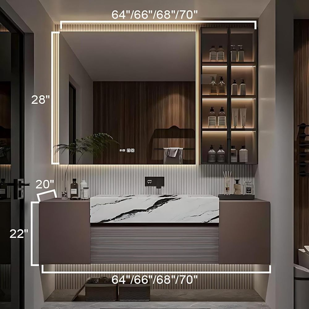 66IN Bathroom Vanity with Sink - Bathroom Sink Cabinet with Mirror, Floating Vanity, Intelligent Defogging, High Hardness, Easy to Clean, Customizable - Complete Accessories, Brown