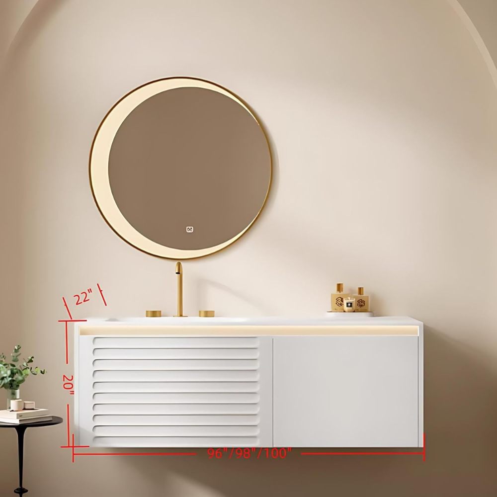 96 inch Bathroom Sink Vanity - Luxury Floating Bathroom Vanity with Anti-Fog Mirror & Drawer, One-Piece Countertop, Solid Wood, Striped Design, Waterproof Coating, Fully Assembled, White A