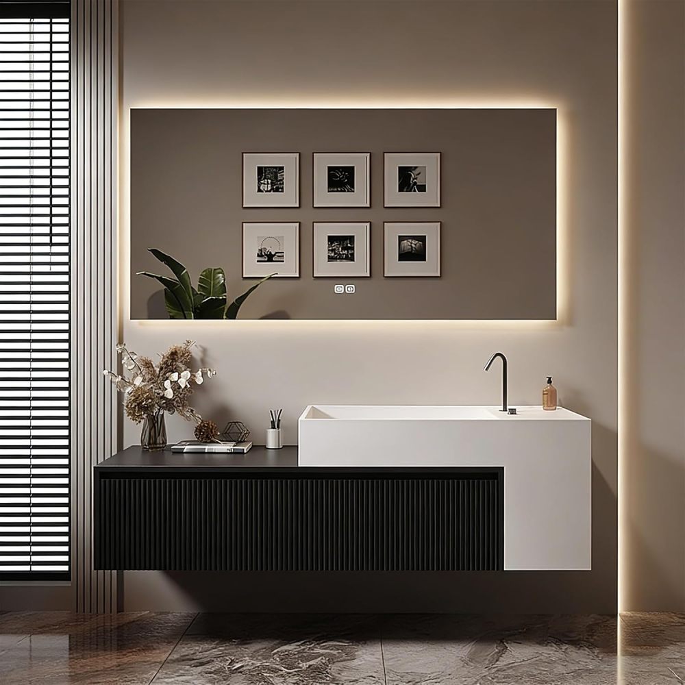 90IN Bathroom Vanity - Floating Bathroom Vanity with Seamless Sink, Includes Smart Defog Mirror, One-Touch Defog & Lighting, Solid Wood Sink with 2 Drawers, Black