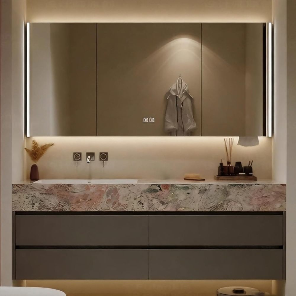 68IN Bathroom Vanity - Solid Wood Bathroom Vanity Set with Seamless Sink & Smart Defog Mirror, Anti-Fog Technology & Light, Floating Sink with 4 Large Capacity Drawers, Gray