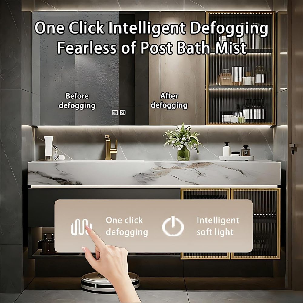 84IN Bathroom Vanity - Floating Bathroom Vanity with Smart Defog Mirror, One-Touch Defog & Lighting, Modern Sink Cabinet with Drawer & Doors, No Assembly Required, Grey