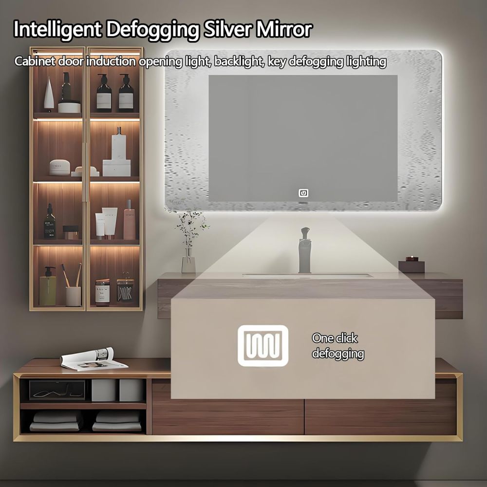 50IN Bathroom Vanity with Sink - Farmhouse Bathroom Vanity Cabinet with Smart Defogger Mirror, Seamless Rock Slab Sink & Ample Storage, Multi-Layered Wood - Easy to Install, Black