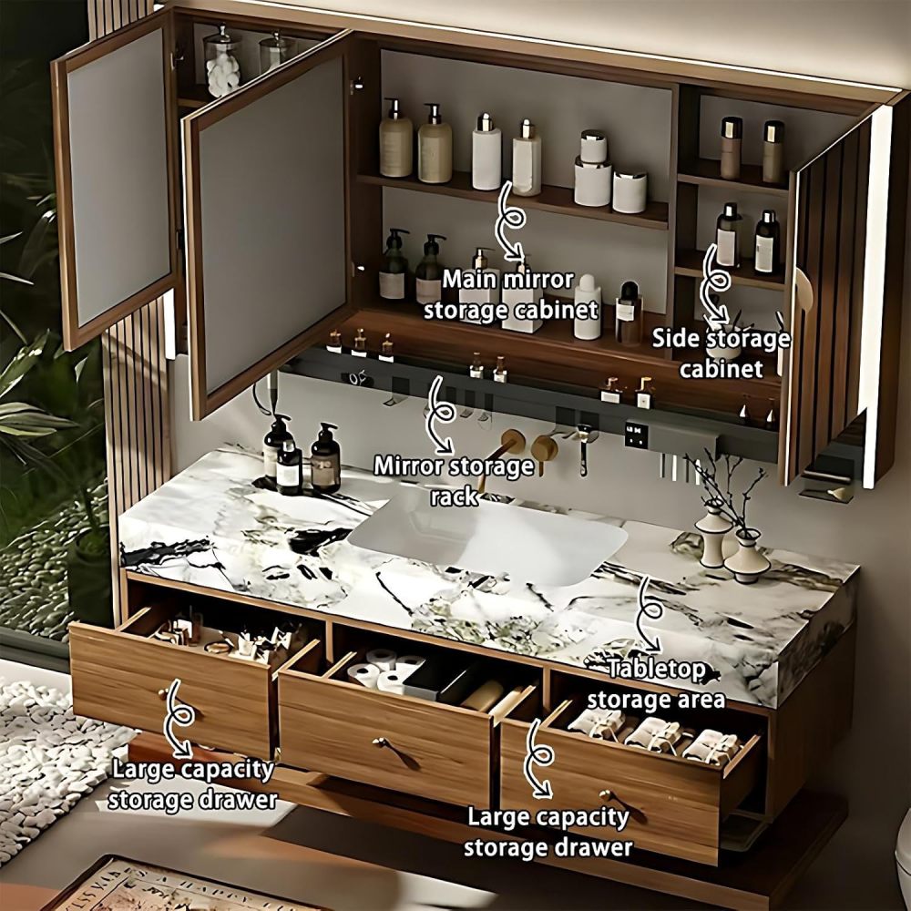 38IN Bathroom Vanity with Sink - Modern Bathroom Vanity with Smart Defog Mirror, Floating Sink Cabinet with 3 Drawers & Open Storage Area, No Assembly Required