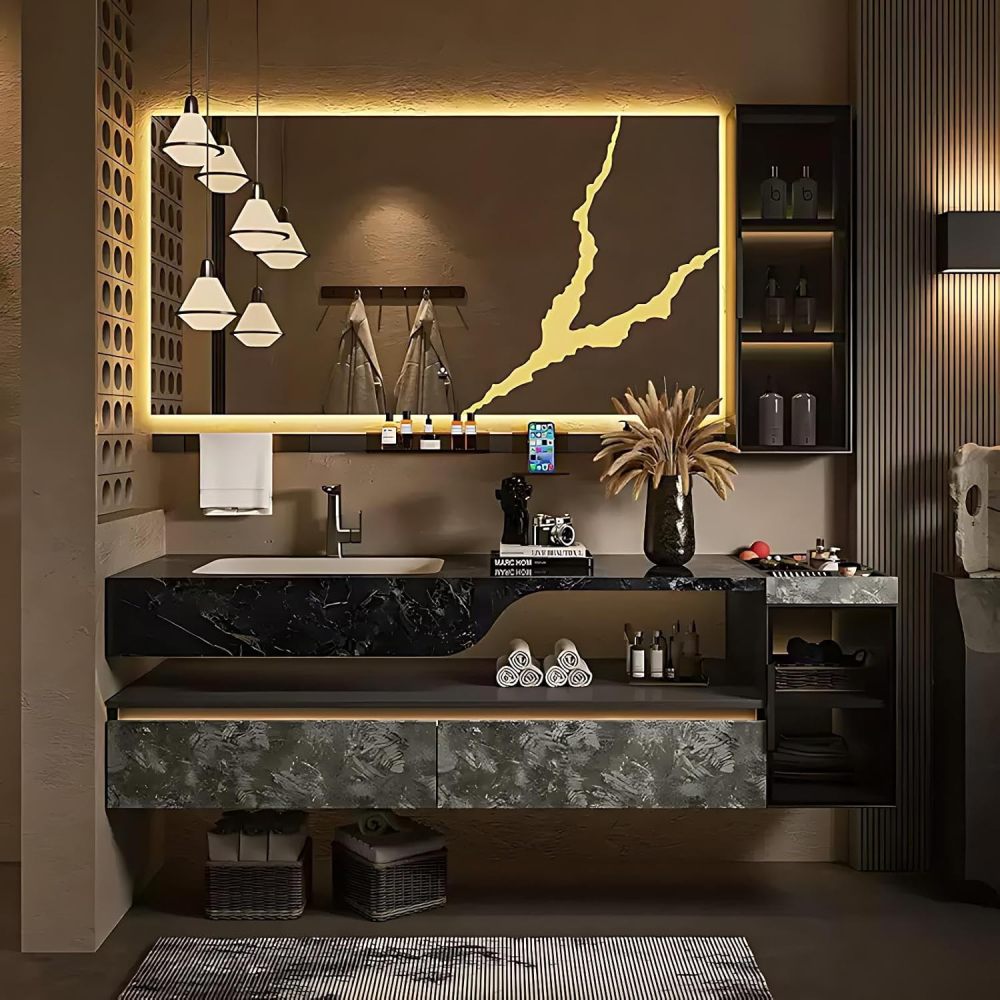 88IN Bathroom Vanity with Sink - Bathroom Sink Cabinet with Motion Sensor Lighting, Floating Vanity, Intelligent Defogging, Waterproof, Custom Size Option - Complete Accessories, Black