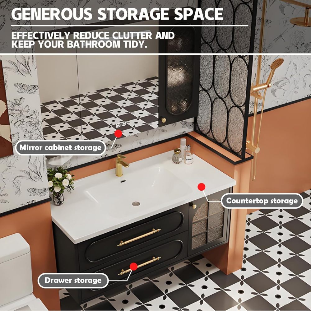 84IN Modern Solid Wood Bathroom Vanity with Sink - Stylish Wall-Mounted Vanity Cabinet with Smart Anti-Fog Mirror, Integrated Stone Sink, Silent Drawers & Customizable Sizes, Mirror D