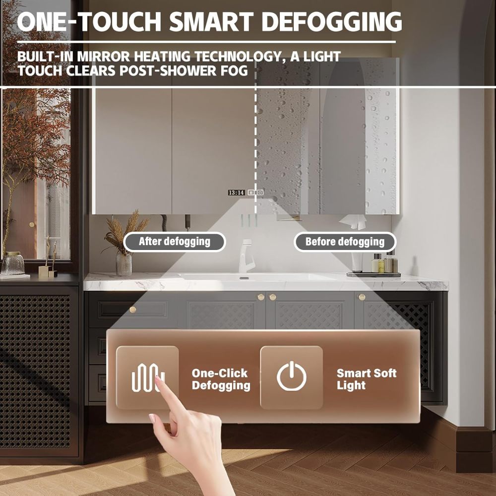 80IN Solid Wood Bathroom Vanity with Sink - Modern Single Bathroom Vanity Cabinet with Smart Defog Mirror & Ample Storage, Waterproof,Floating Design - Custom, Brown
