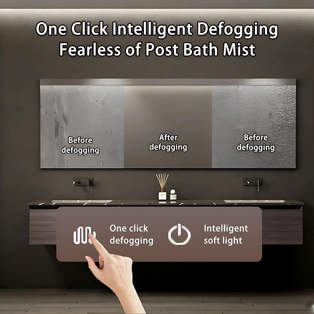 52IN Double Sink Bathroom Vanity - Solid Wood Bathroom Vanity with Smart Defog Mirror, One-Touch Defog & Lighting, Modern Sink Cabinet with 3 Drawers, No Assembly Required
