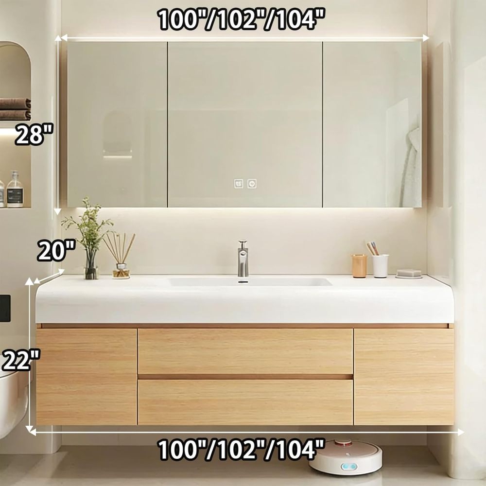 100IN Bathroom Vanity - Modern Bathroom Vanity with Smart Defog Mirror Cabinet, One-Touch Defog, Solid Wood Sink Cabinet with Drawers & Doors, No Assembly Required, White