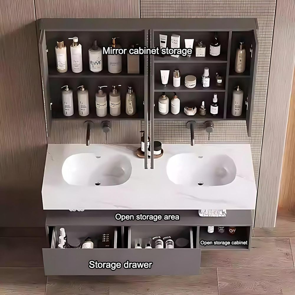 64IN Double Sink Bathroom Vanity - Simple Bathroom Vanity with Smart Defog Mirror, Solid Wood Sink Cabinet with Multiple Storage Areas, No Assembly Required, Gray