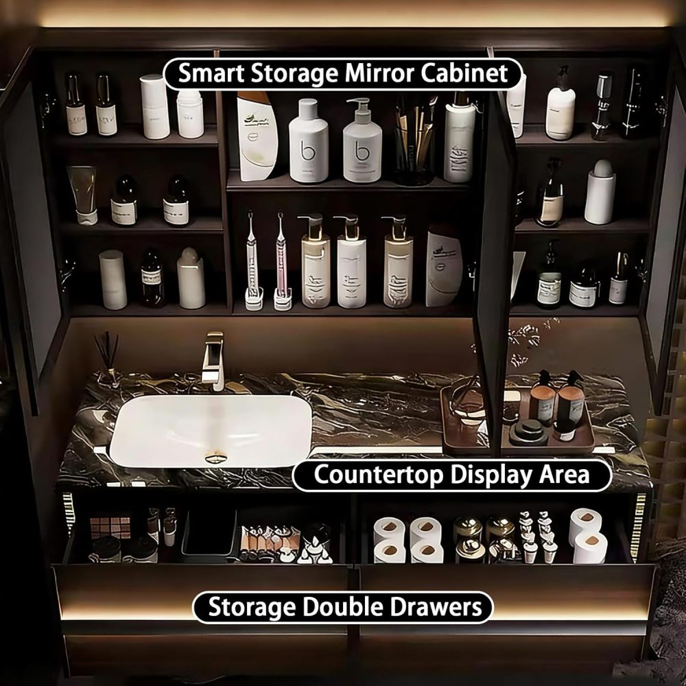 40IN Bathroom Vanity - Solid Wood Bathroom Vanity with Sink & Smart Sensor Lights, Floating Sink Cabinet with 2 Drawers and Smart Defogging Mirror, No Assembly Required, Mirror A