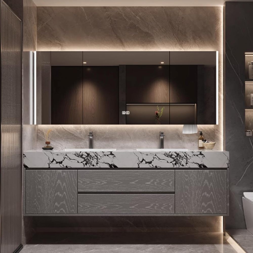 82IN Bathroom Vanity - Solid Wood Bathroom Vanity with Sink & Smart Defog Mirror, Floating Sink Cabinet with 2 Drawers and 2 Doors, No Assembly Required, Gray