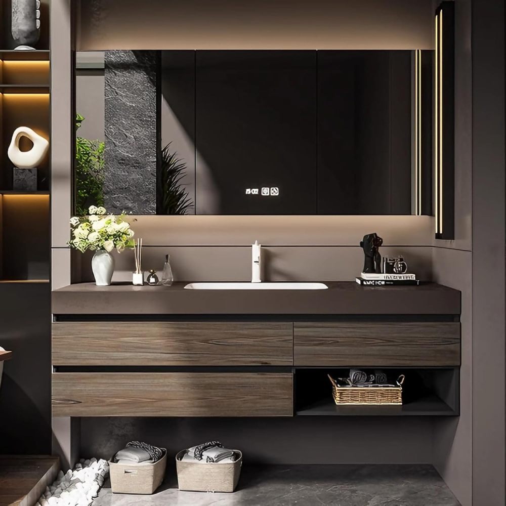 94IN Bathroom Vanity - Solid Wood Bathroom Vanity Set with Smart Defog Mirror, Anti-Fog Technology & LED Light, Floating Sink with Multiple Storage Area, No Assembly Required, Wood