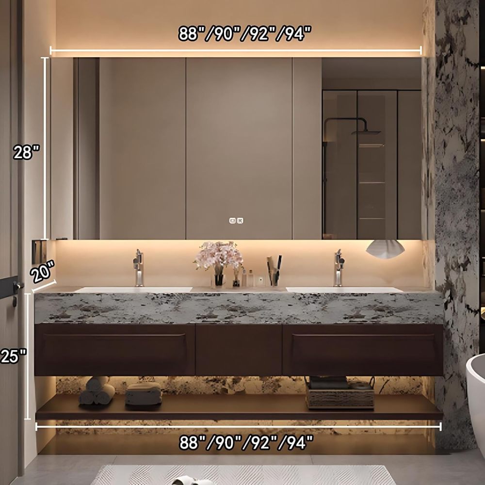 92IN Double Sink Bathroom Vanity - Floating Bathroom Vanity with 3 Large Capacity Drawers, Includes Smart Defog Mirror, One-Touch Defog & Lighting, No Assembly Required, Brown