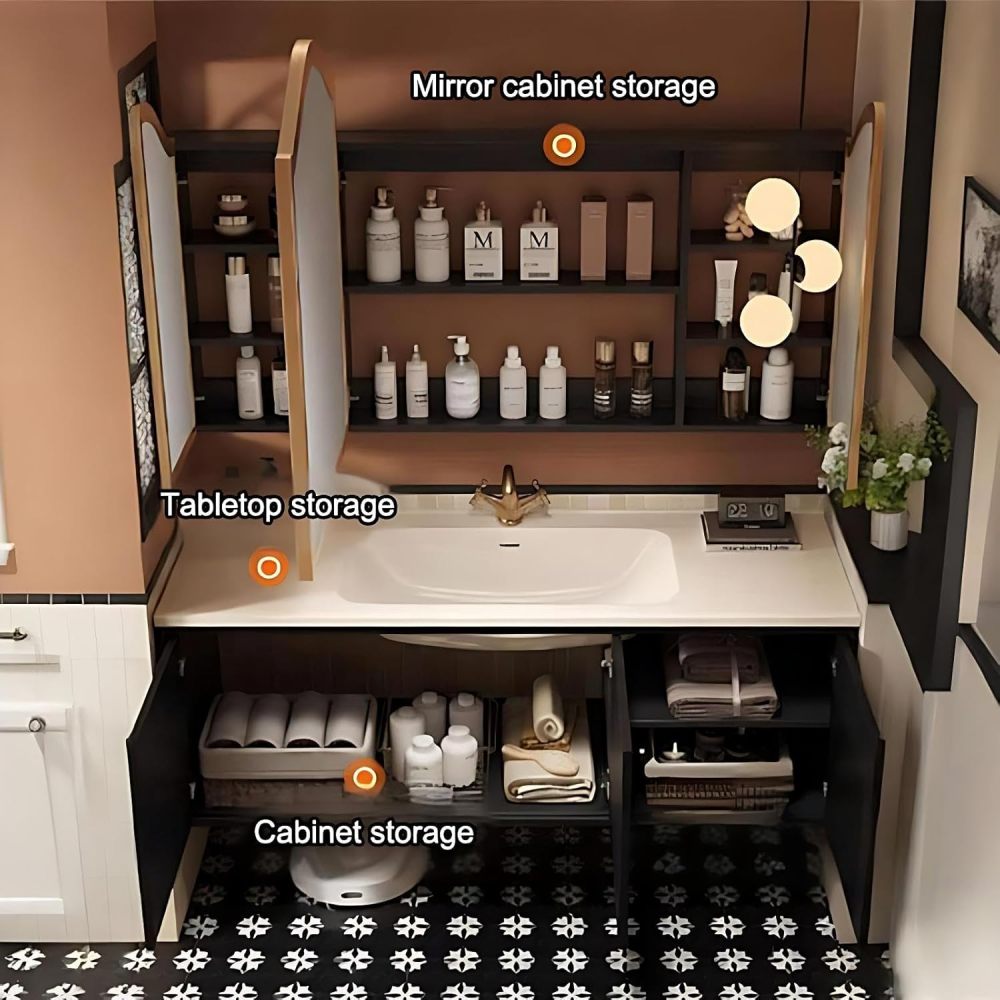 60IN Bathroom Vanity with Sink - Floating Bathroom Vanity with Seamless Sink and Smart Defog Mirror, Solid Wood Bathroom Sink Cabinet with 3 Doors, No Assembly Required, Black