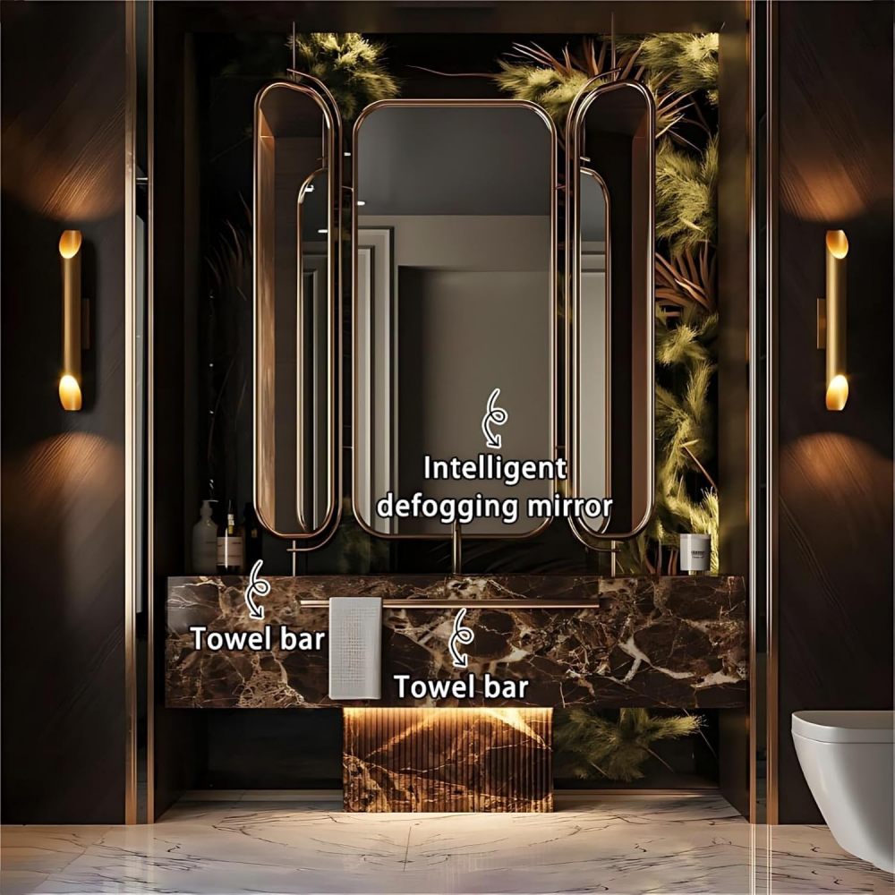 98IN Bathroom Vanity - Luxury Bathroom Vanity with Smart Defog Mirror, One-Touch Defog, Floating Sink Cabinet with Seamless Sink & Towel Rack, No Assembly Required, Brown