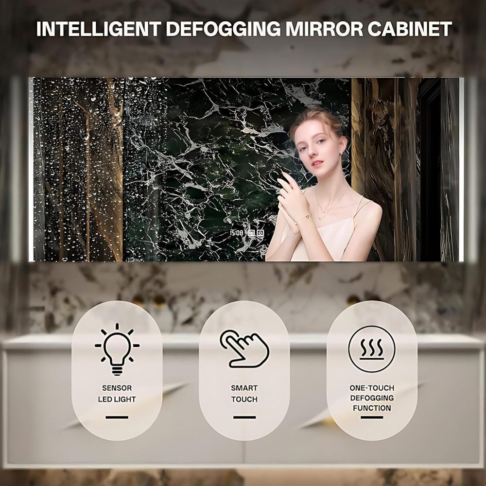 62IN Modern Bathroom Vanity with Sink - Waterproof Bathroom Sink Cabinet with Mirror, Wall-Mounted Vanity, Intelligent Defogging, Solid Wood, Customizable Sizes - Easy to Install, White