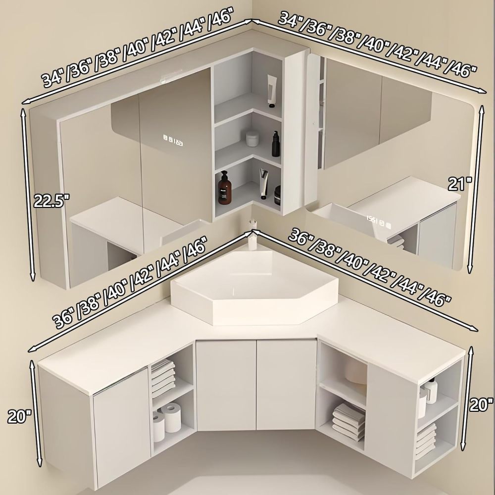 44IN Corner Bathroom Vanity with Sink - Minimalist Bathroom Vanity Cabinet with Smart Defog Mirror & Seamless Integrated Sink, Single Floating Sink - Complete Accessories, White