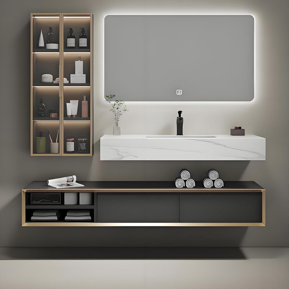 50IN Bathroom Vanity with Sink - Farmhouse Bathroom Vanity Cabinet with Smart Defogger Mirror, Seamless Rock Slab Sink & Ample Storage, Multi-Layered Wood - Easy to Install, Black