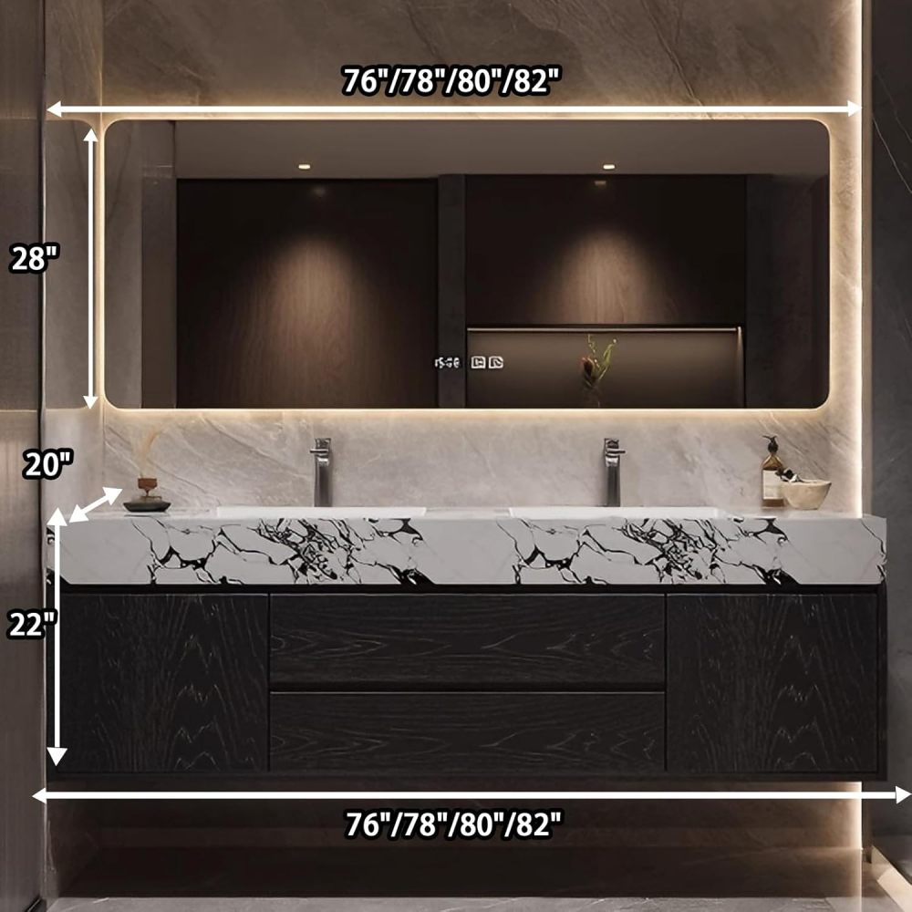 82IN Bathroom Vanity - Solid Wood Bathroom Vanity with Sink & Smart Defog Mirror, Floating Sink Cabinet with 2 Drawers and 2 Doors, No Assembly Required, Gray