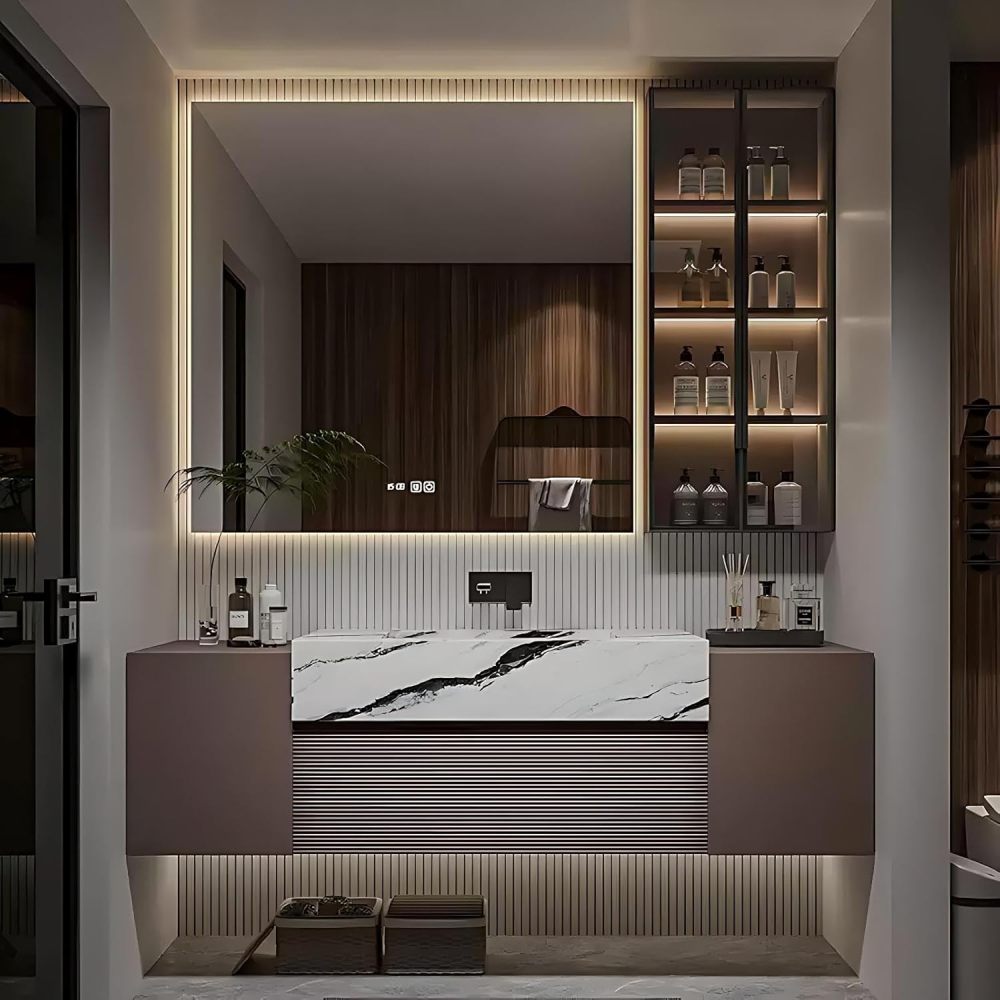 66IN Bathroom Vanity with Sink - Bathroom Sink Cabinet with Mirror, Floating Vanity, Intelligent Defogging, High Hardness, Easy to Clean, Customizable - Complete Accessories, Brown