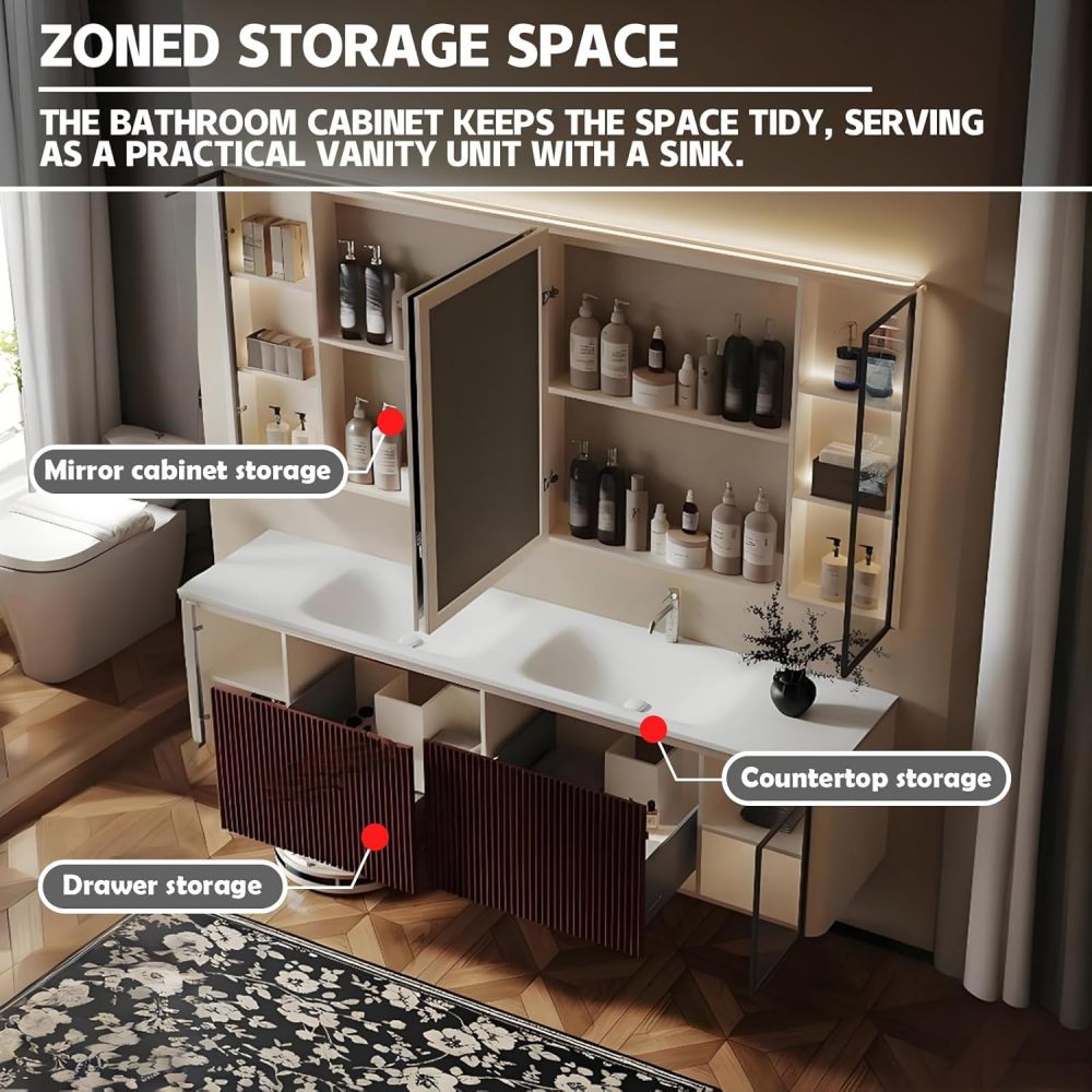 66IN Modern Solid Wood Bathroom Vanity with Sink - Double Floating Sink Design, Bathroom Vanity Cabinet with Smart Anti-Fog Mirror & Ample Storage - Custom, Mirror Cabinet