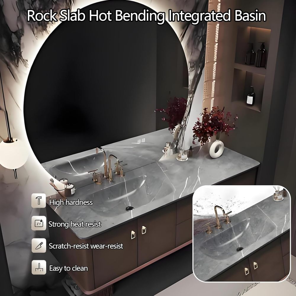 90IN Bathroom Vanity with Sink - Stylish Bathroom Vanity Cabinet with Smart Anti-Fog Round Mirror, Single Floating Sink Design, Waterproof Storage & Multi Layer Solid Wood, Style A