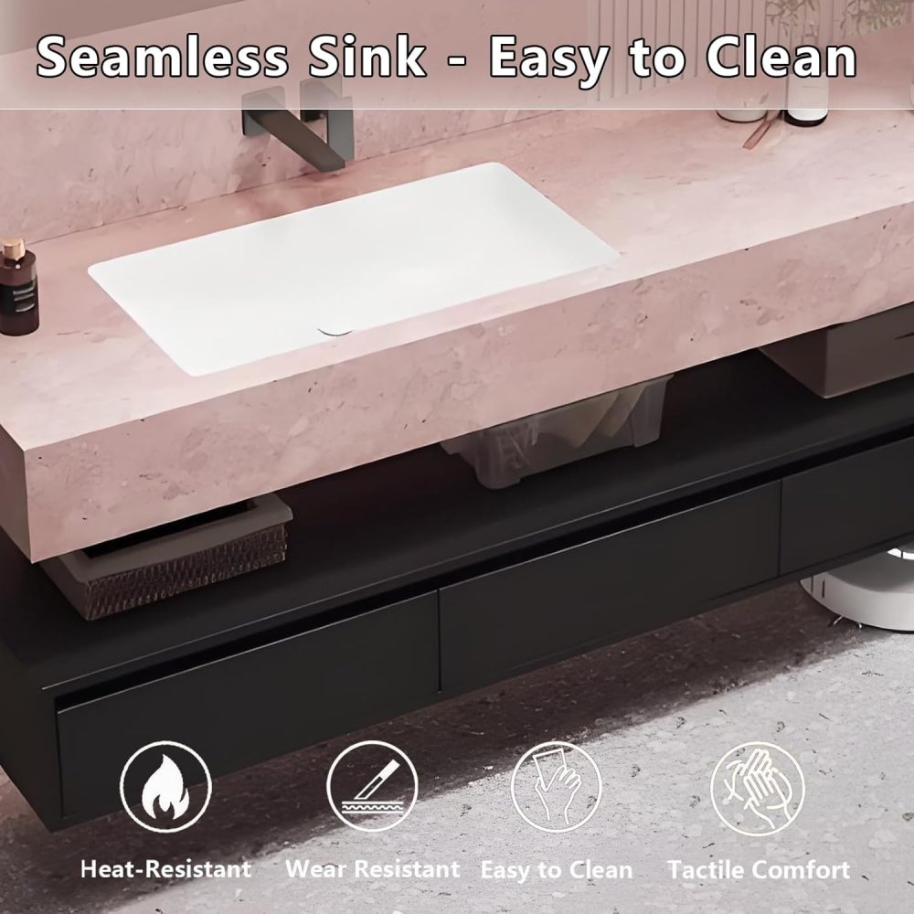 46IN Bathroom Vanity - Luxury Bathroom Vanity with Smart Defog Mirror, Floating Sink Cabinet with 3 Drawers & Open Storage Area, Complete Accessories, No Assembly Required, Pink Mirror Cabinet