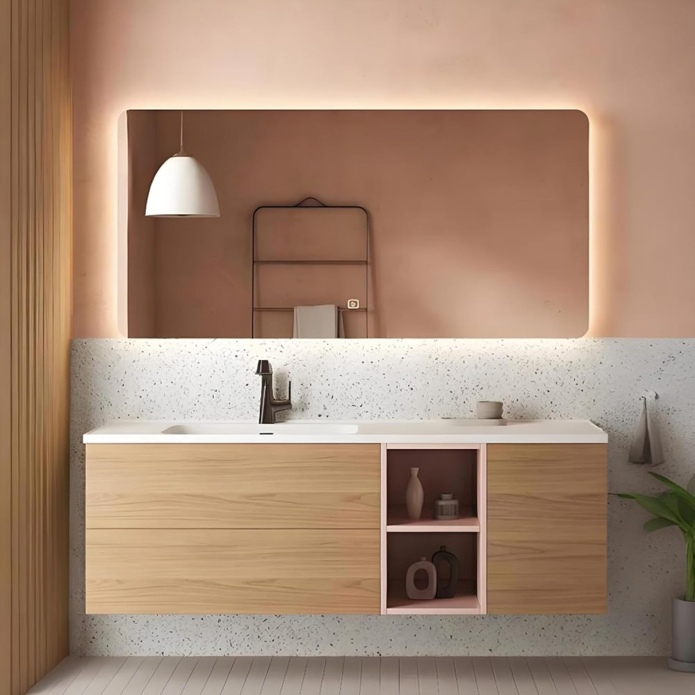 80IN Retro Bathroom Vanity with Sink - Solid Wood Floating Vanity Cabinet with Smart Anti-Fog Mirror, Seamless Stone Sink, Ample Storage, Customizable Sizes for Bathroom, Mirror
