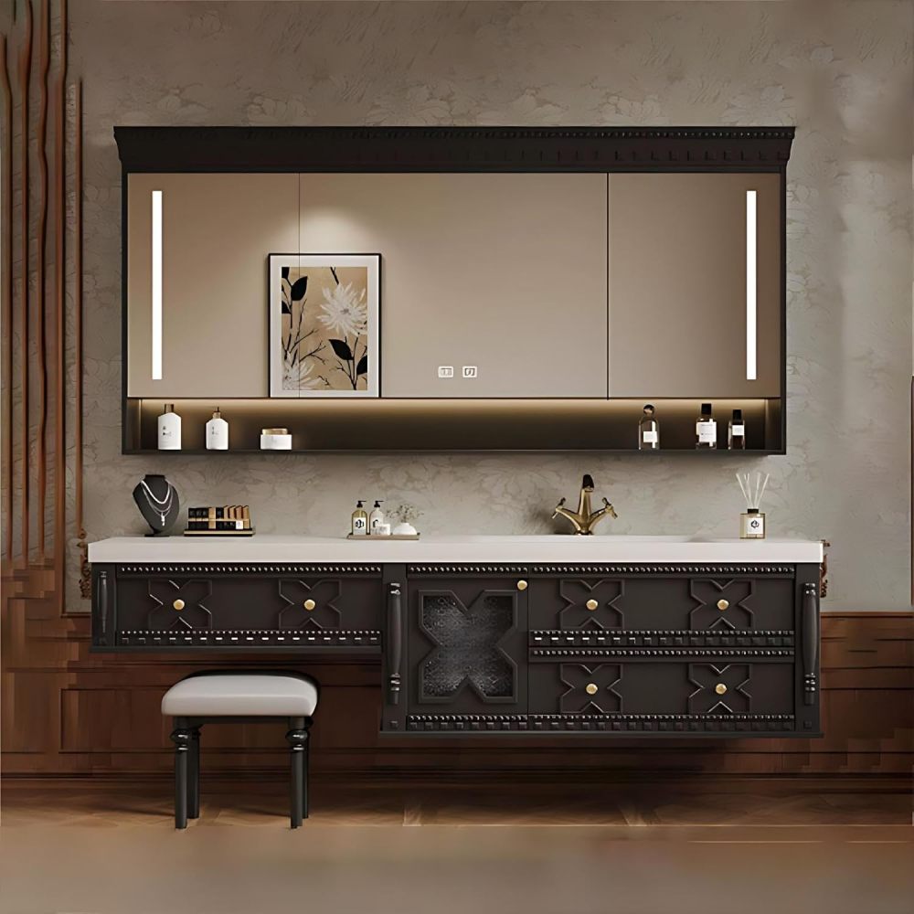 98IN Bathroom Vanity with Sink - Solid Wood Sink Cabinet with Smart Defog Mirror, Bathroom Vanity with 3 Drawers & Makeup Vanity, Includes Makeup Stool, No Assembly Required, Black
