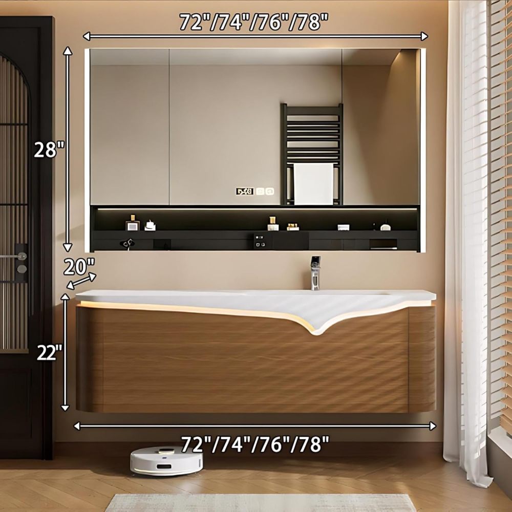 72IN Bathroom Vanity with Sink - Modern Bathroom Vanity with 3 Drawers, Solid Wood Sink Cabinet with Smart Defog Mirror, Complete Accessories, No Assembly Required, Black - Mirror Cabinet