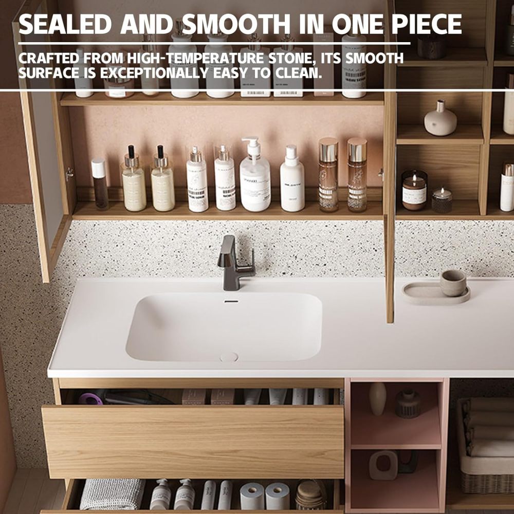 80IN Retro Bathroom Vanity with Sink - Solid Wood Floating Vanity Cabinet with Smart Anti-Fog Mirror, Seamless Stone Sink, Ample Storage, Customizable Sizes for Bathroom, Mirror
