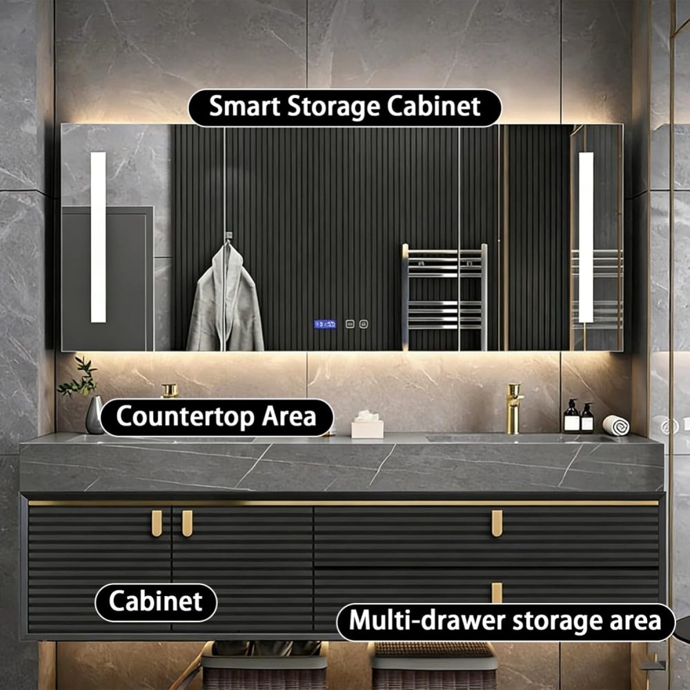66IN Bathroom Vanity - Solid Wood Bathroom Vanity with Anti-Fog Mirror Cabinet, One-Touch Defog & Lighting, Floating Sink Cabinet with Drawers & Door, No Assembly Required, Grey