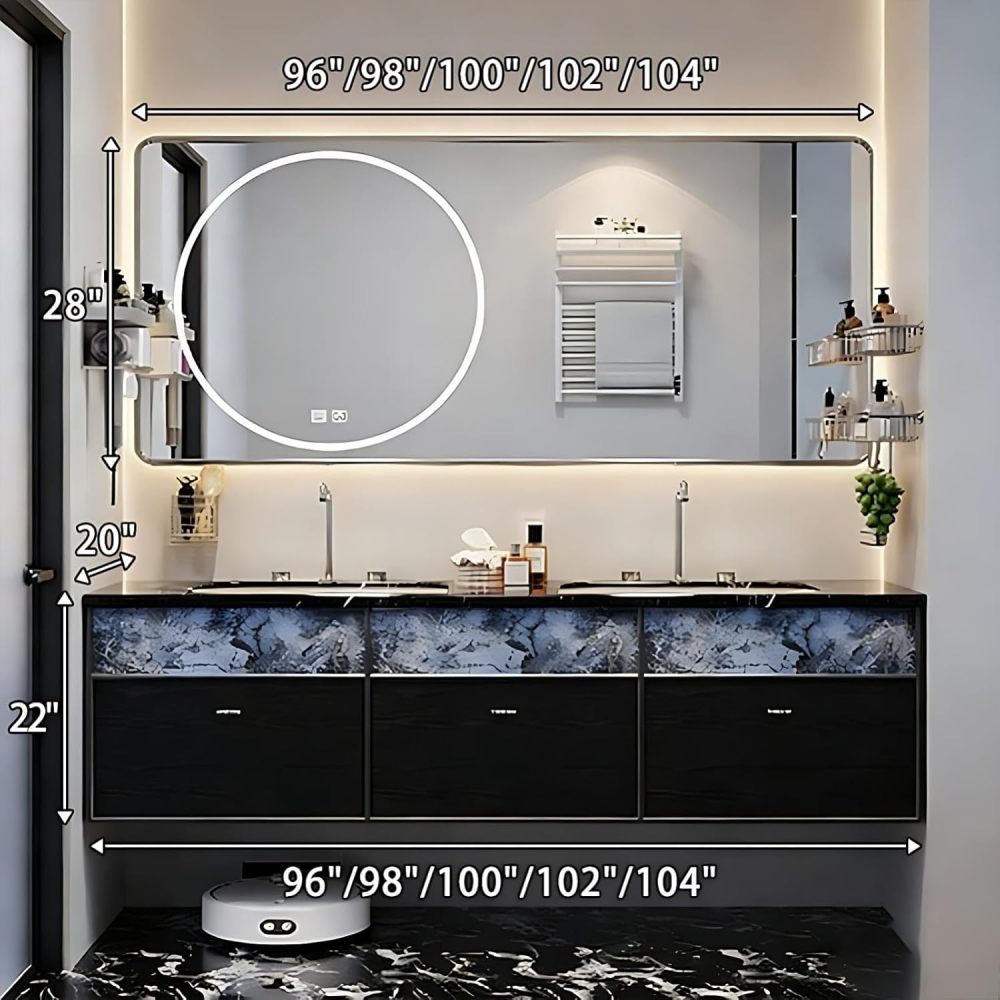 96IN Double Sink Bathroom Vanity - Modern Bathroom Vanity with Smart Defog Mirror & 3 Drawers, Floating Sink Cabinet, No Assembly Required, Black-Mirror