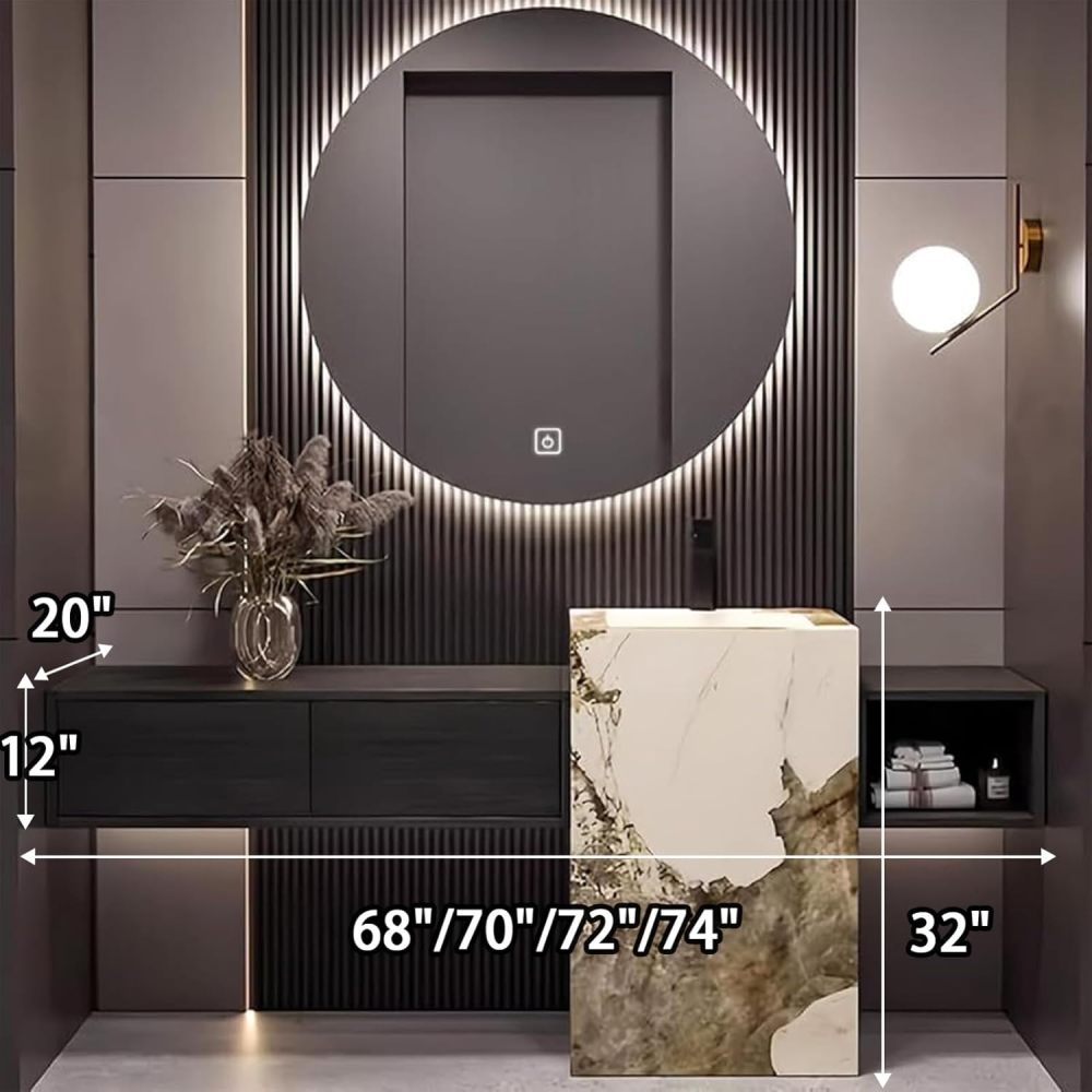 74IN Bathroom Vanity - Modern Bathroom Vanity with Smart Defog Mirror & 2 Drawers, One-Touch Defog, Floating Sink Cabinet with Seamless Sink, No Assembly Required, Black