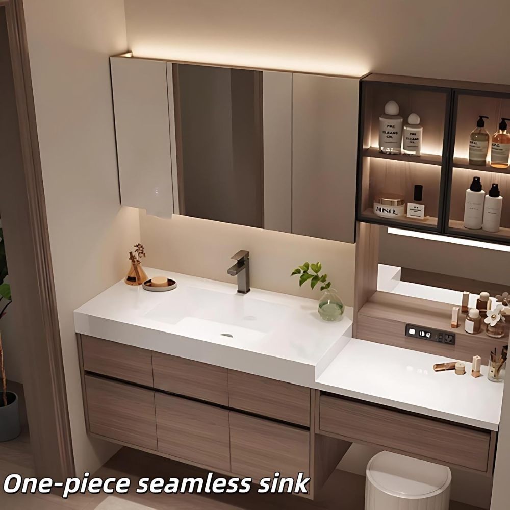 68 inch Bathroom Vanity with Sink – Wall Mounted Bathroom Cabinet with Seamless Basin, Anti-Fog Mirror, Includes Makeup Stool, Fully Assembled