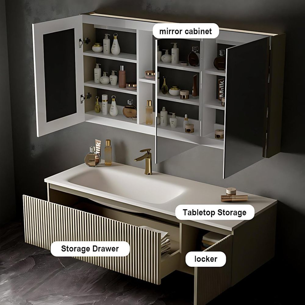 Bathroom Vanity with Sink - Bathroom Vanity Cabinet with Drawers & Smart Anti-Fog Mirror, Single Floating Sink, Buffer Damping, Customizable Sizes - Complete Accessories Mirror Cabinet